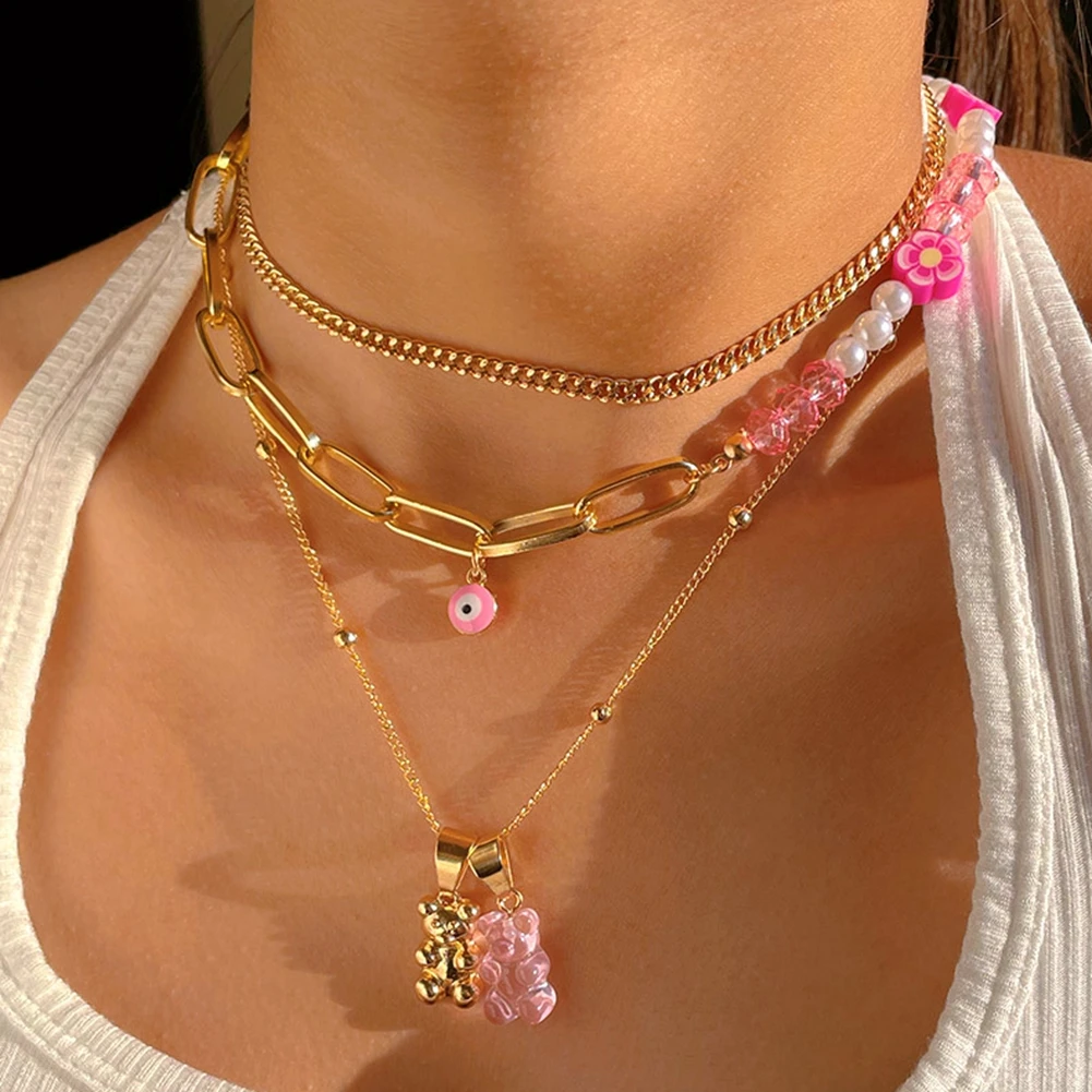 Lovely Pink Bear Pendant Flower Beads Pearl Choker Necklace For Women Multilayer Metal Link Chain Necklace Fashion Jewelry Gifts
Lovely Pink Bear Pendant Flower Beads Pearl Choker Necklace For Women Multilayer Metal Link Chain Necklace Fashion Jewelry Gifts
