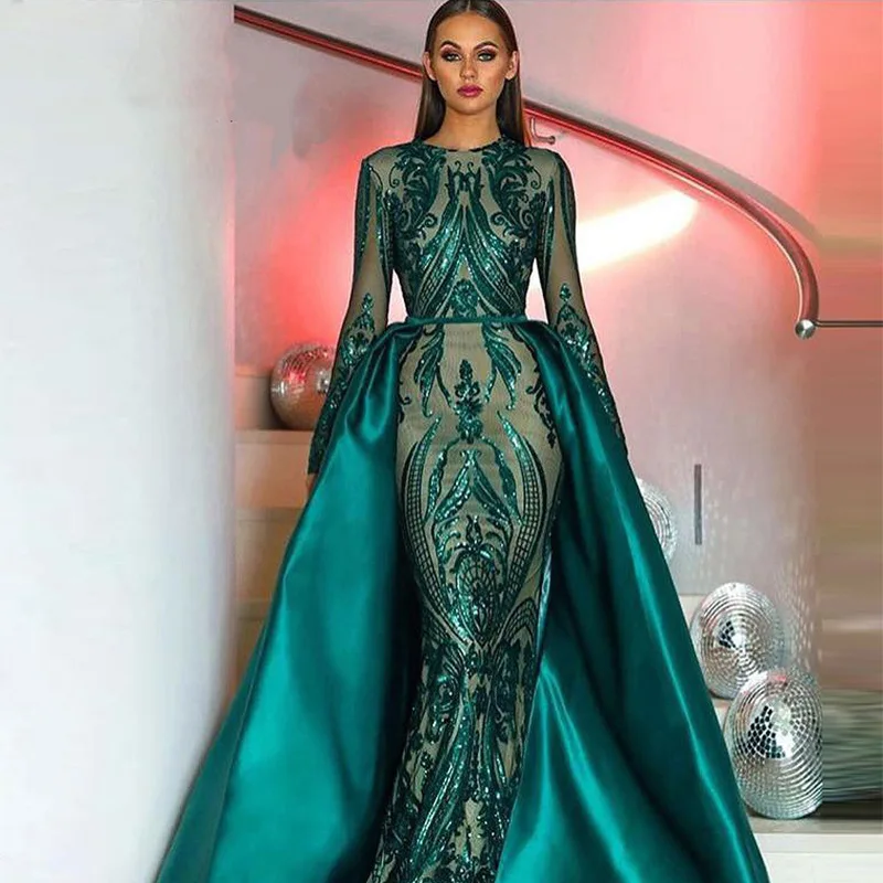 Hot Elegant Green O-neck Illusion Sequin Long Sleeves Evening Dress With Detachable Train Satin Mermaid Prom Gown Formal Dresses
Hot Elegant Green O-neck Illusion Sequin Long Sleeves Evening Dress With Detachable Train Satin Mermaid Prom Gown Formal Dresses