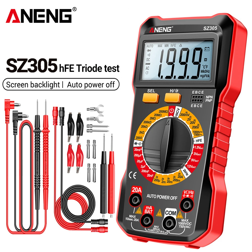 ANENG SZ305 1999 Count Professional Multimeter AC/DC Voltage Tester Ammeter Capacitor hFE Triode Hz Detector Electrician Tool
ANENG SZ305 1999 Count Professional Multimeter AC/DC Voltage Tester Ammeter Capacitor hFE Triode Hz Detector Electrician Tool