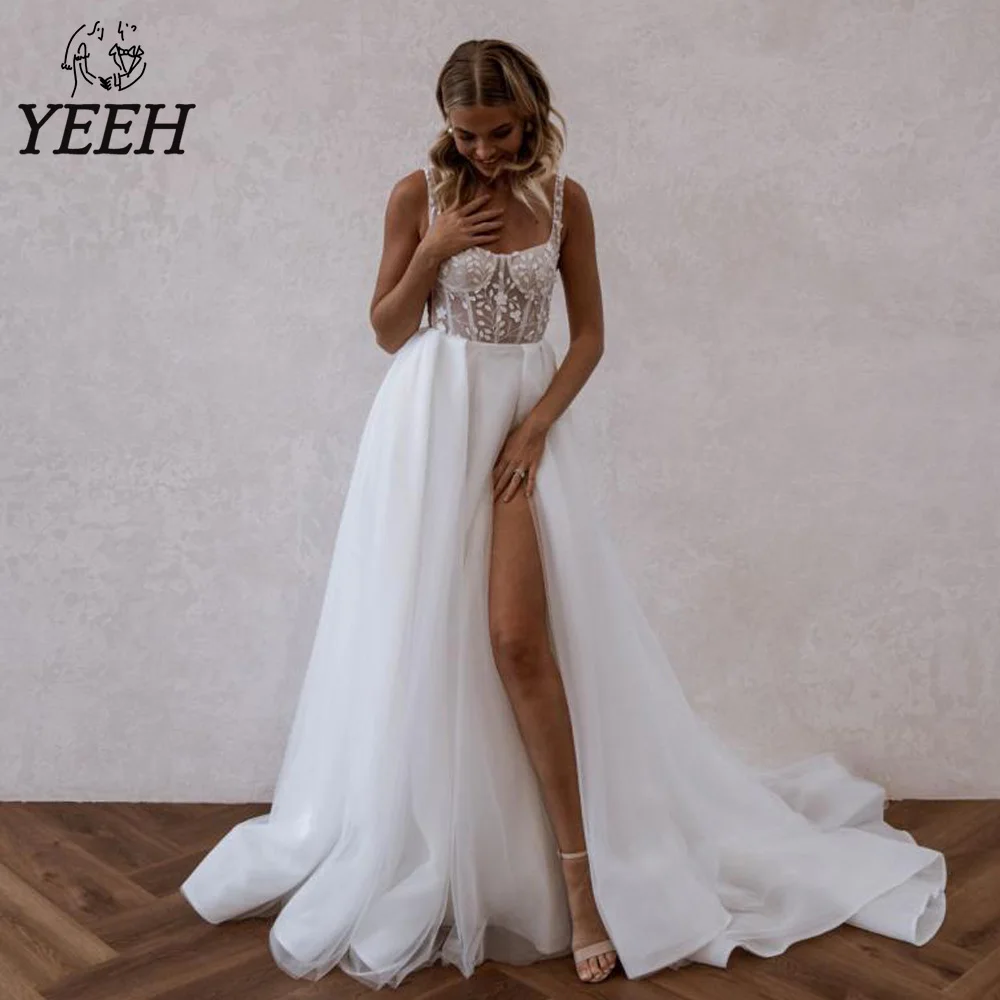 YEEH Sexy Lace Spaghetti Strap Wedding Dress Boho Split Side Tulle Bridal Gowns Floral Print Sweep Train Button Vestido De Novia
YEEH Sexy Lace Spaghetti Strap Wedding Dress Boho Split Side Tulle Bridal Gowns Floral Print Sweep Train Button Vestido De Novia