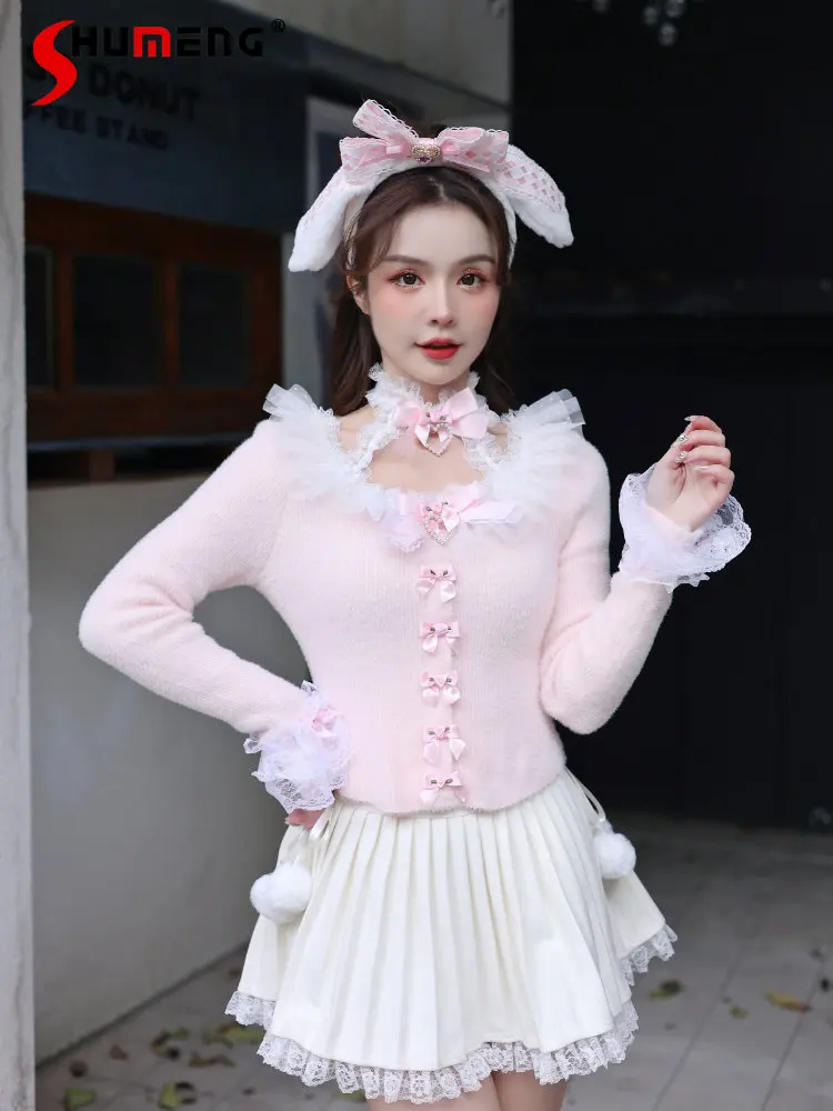 Lolita Sweet Pink Rose Flower Lace Flare Sleeve Slim Halter Knitwear Fairy Princess Bow Lace Edge Long Sleeve Mohair Sweater Top
Lolita Sweet Pink Rose Flower Lace Flare Sleeve Slim Halter Knitwear Fairy Princess Bow Lace Edge Long Sleeve Mohair Sweater Top