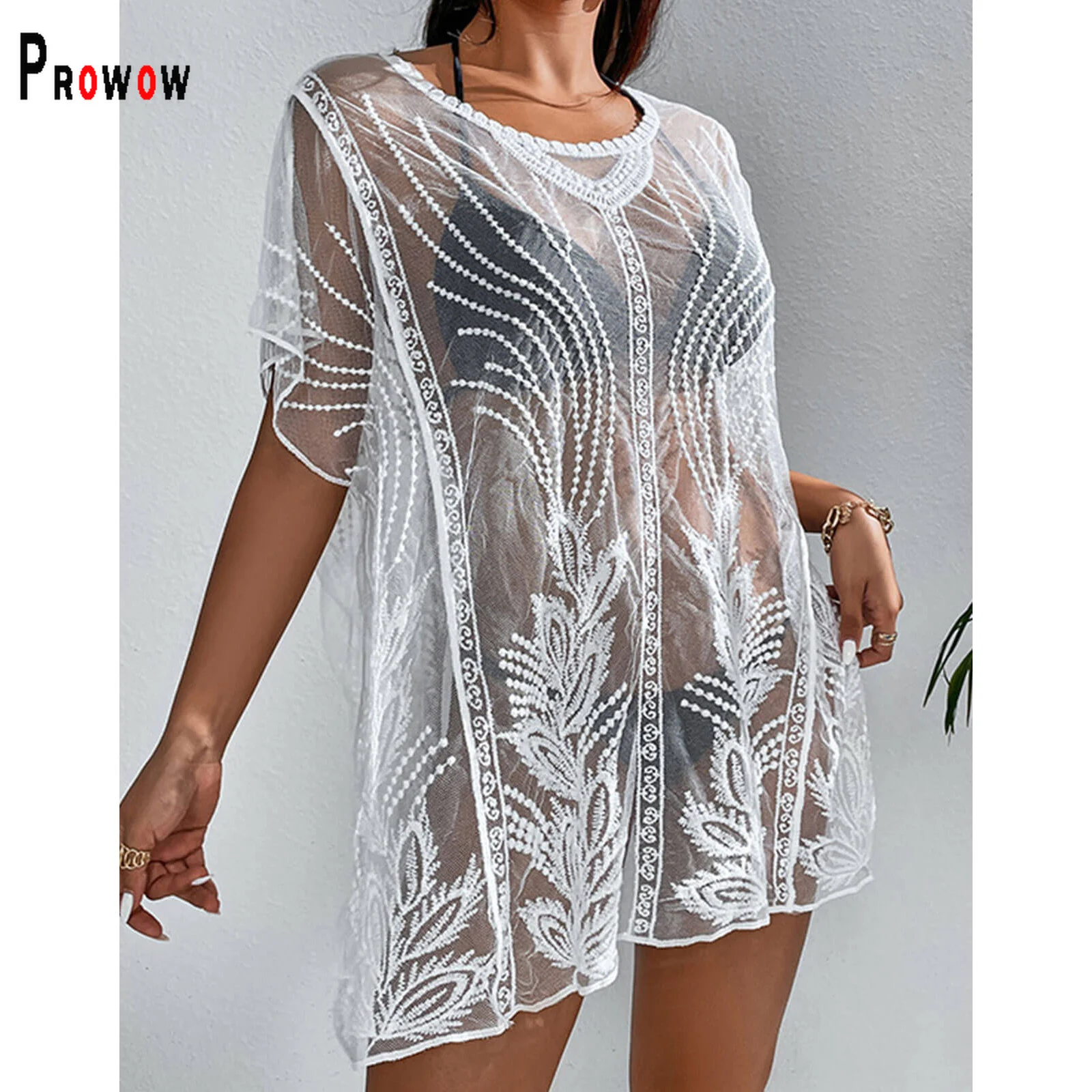 

Prowow Women Bikinis Cover-ups White Lace See Through Hem Slit Cover-up for Lady 2022 New Summer Female Beach Outfits