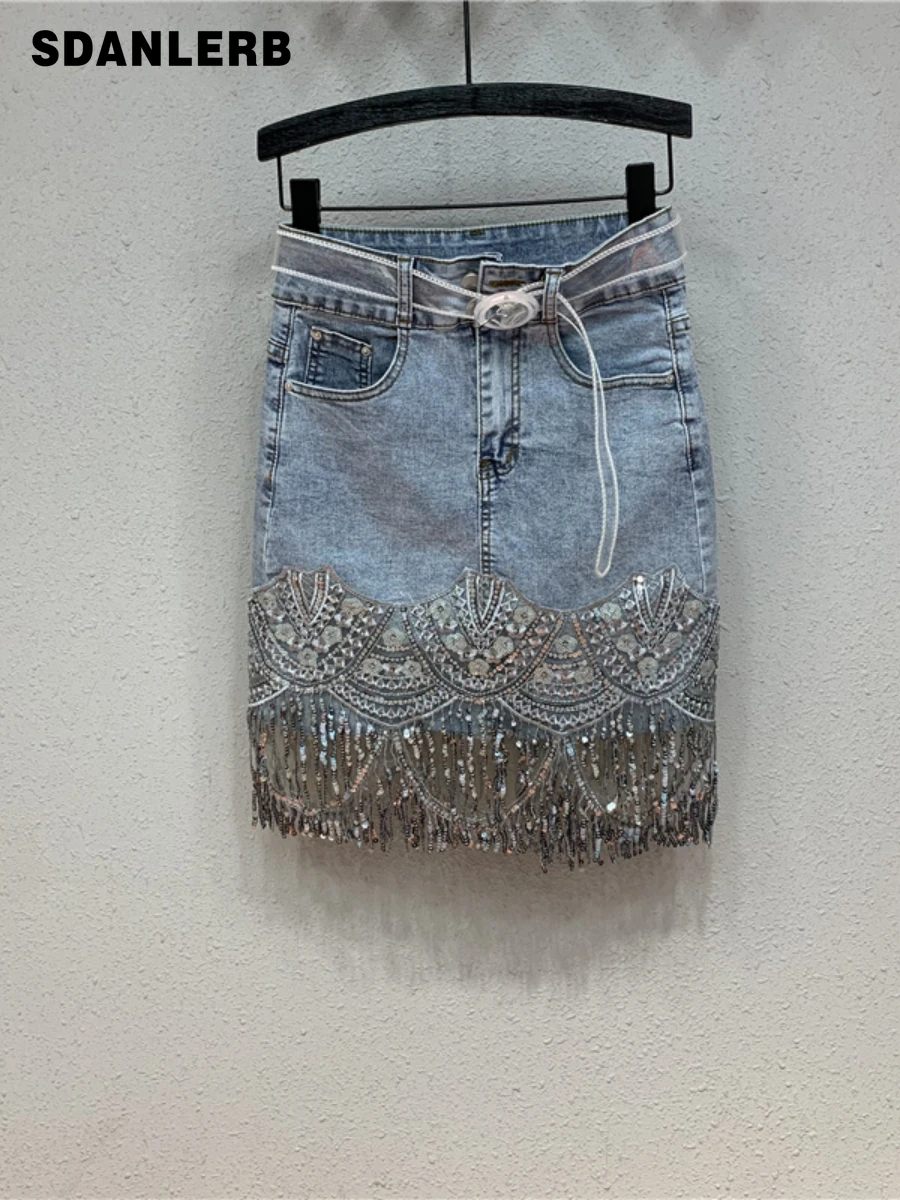 European Goods Summer 2022 New Mid-Length Skirt Stitching Lace Heavy Craft Sequined Tassel Trendy Fashion Denim Skirt for Women
European Goods Summer 2022 New Mid-Length Skirt Stitching Lace Heavy Craft Sequined Tassel Trendy Fashion Denim Skirt for Women