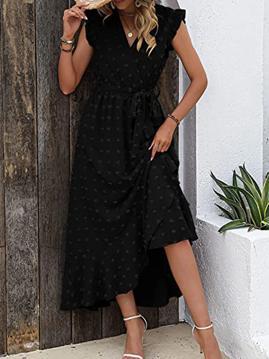 

Effortlessly Chic Women s Boho with Swiss Dot Ruffle Sleeves and Belted Wrap V-Neck - Perfect for Summer Beach