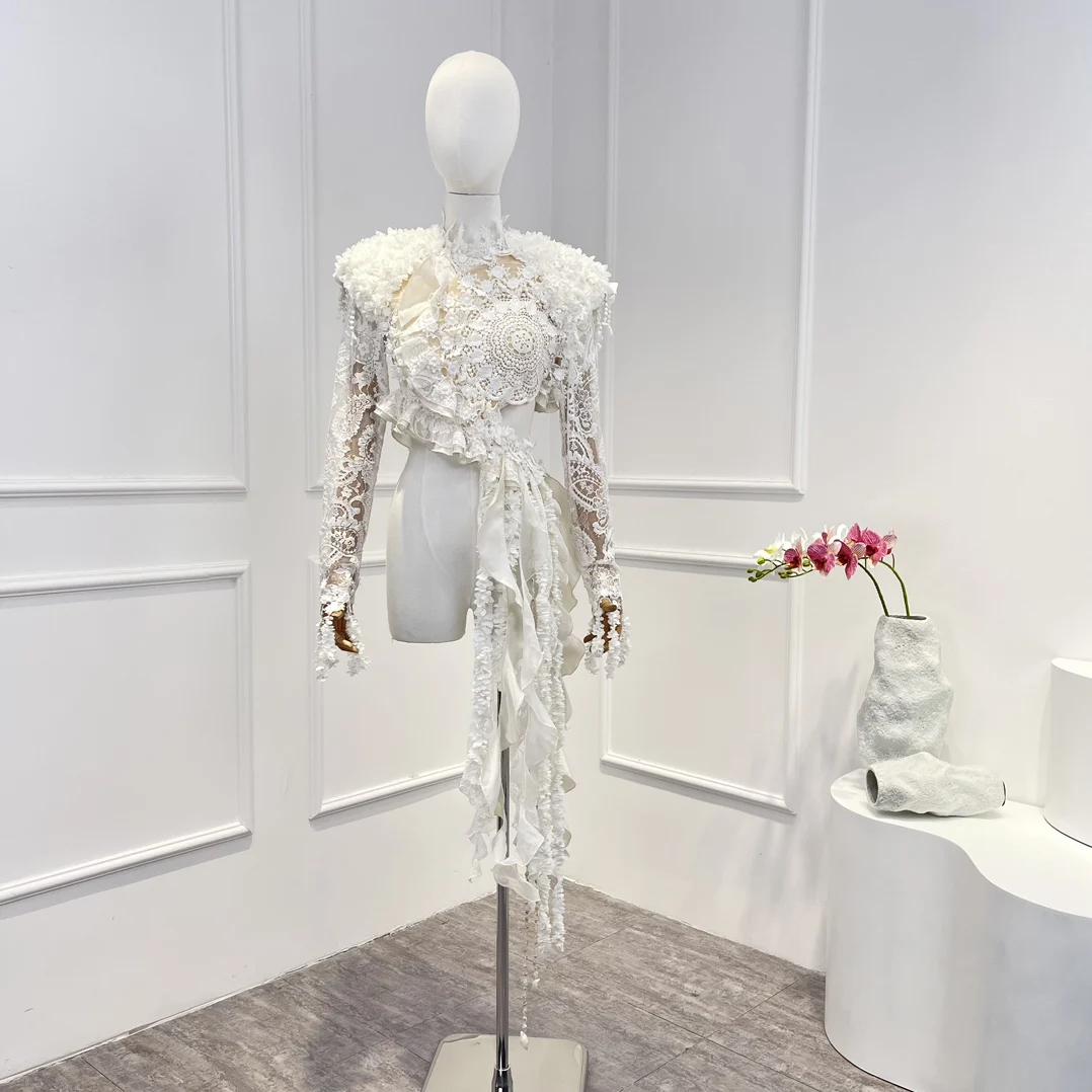 2023 New Spring Autumn Top Quality White Hook Flower Hollow Lace Frill Ruffle Backless Asymmetrical Skirt Set Lady 
2023 New Spring Autumn Top Quality White Hook Flower Hollow Lace Frill Ruffle Backless Asymmetrical Skirt Set Lady