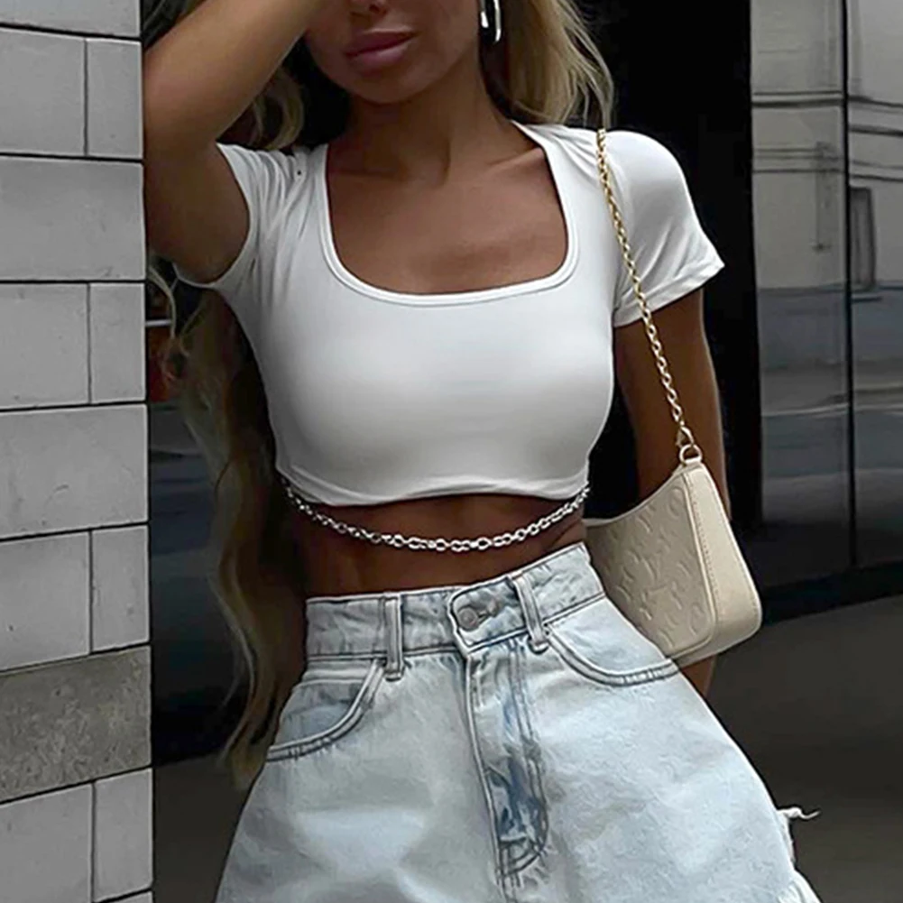 T Shirt Women White Short Sleeve Crop Top T-Shirts Vest U Neck Plain Chain Blouse Harajuku Tops Streetwear Women's Clothing
T Shirt Women White Short Sleeve Crop Top T-Shirts Vest U Neck Plain Chain Blouse Harajuku Tops Streetwear Women's Clothing