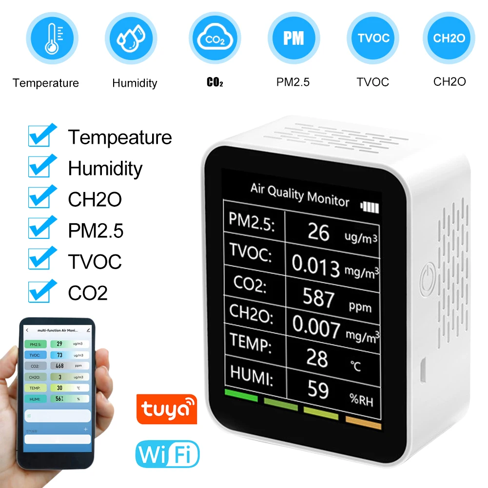 Multifunctional 6 In 1 Air Quality Detector PM2.5 TVOC CO2 CH2O Temperature Humidity Sensor Detector Air Quality Monitor
Multifunctional 6 In 1 Air Quality Detector PM2.5 TVOC CO2 CH2O Temperature Humidity Sensor Detector Air Quality Monitor