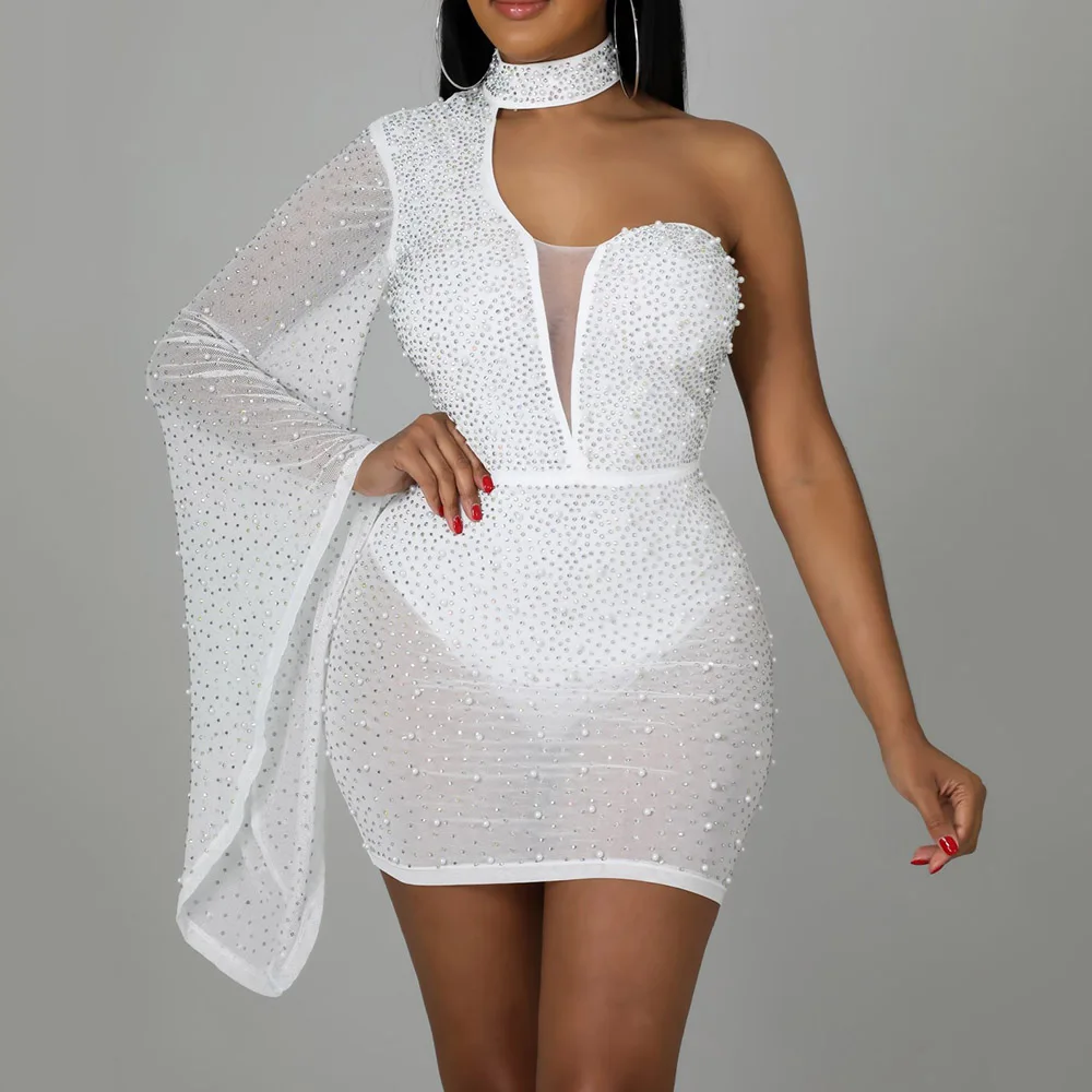 Sexy Bodycon Cocktail Dress Women One Shoulder Rhinestone Beads Fashion Stand Collar Perspective Female Club Queen Party Dresses
Sexy Bodycon Cocktail Dress Women One Shoulder Rhinestone Beads Fashion Stand Collar Perspective Female Club Queen Party Dresses