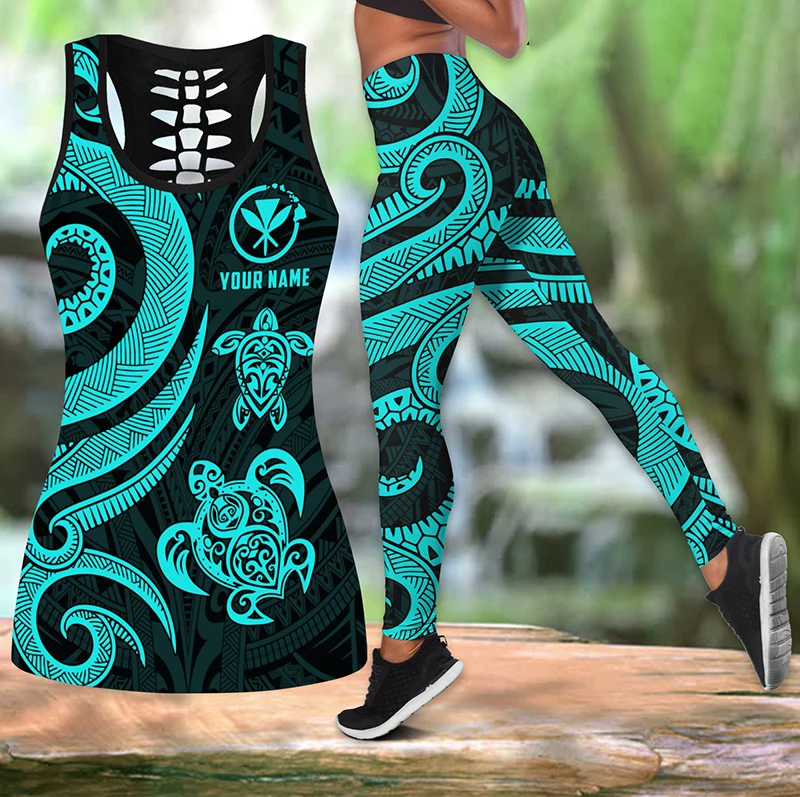 

Polynesian Turtle Tattoo Floral Printed Legging & Tank Top Sportwear Yoga Suit