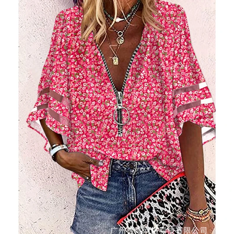 

Women New 2023 Spring Summer Blouse Flower V Neck Tops Pink Ditsy Floral Print Contrast Mesh Zip Front Top