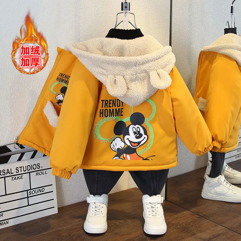 

Зимнее теплое пуховое пальто с капюшоном для мальчиков и девочек с Микки Маусом парка для подростков детская зимняя куртка для отдыха модна...