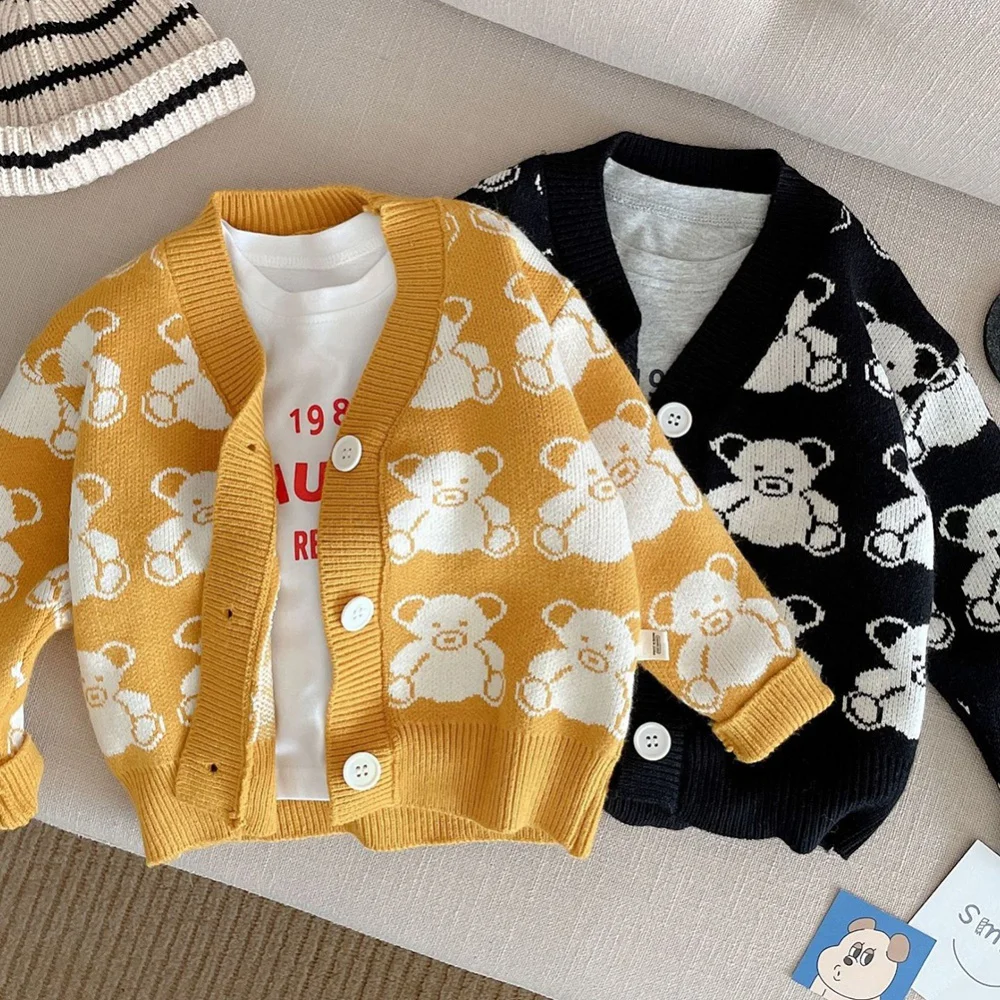 

Осенний кардиган для девочек, свитер, однобортный детский трикотаж с мультяшным медведем, вязаный свитер с длинным рукавом для малышей