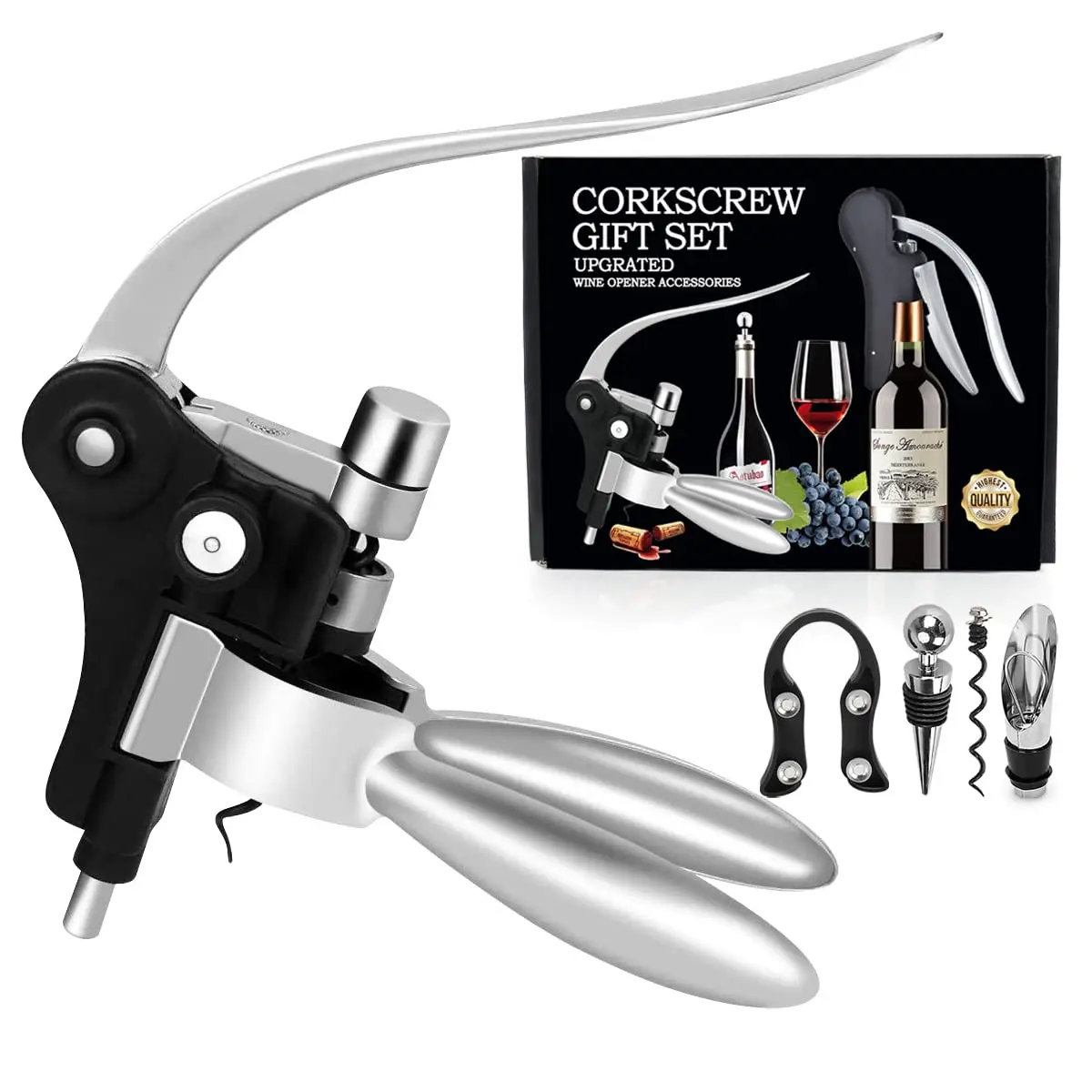 Wine Bottle Opener Corkscrew Set- Wine Opener Kit With Foil Cutter,Wine Stopper And Extra Spiral (Silver)
Wine Bottle Opener Corkscrew Set- Wine Opener Kit With Foil Cutter,Wine Stopper And Extra Spiral (Silver)