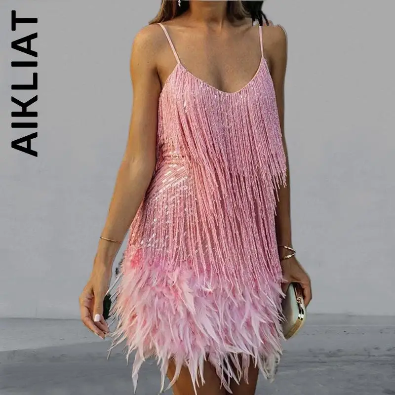 Aikliat Women New Dress Sequins Tassel Feather Spaghetti Strap Dress Ladies Dress Slim Popular Dress Woman Female Vestidos
Aikliat Women New Dress Sequins Tassel Feather Spaghetti Strap Dress Ladies Dress Slim Popular Dress Woman Female Vestidos