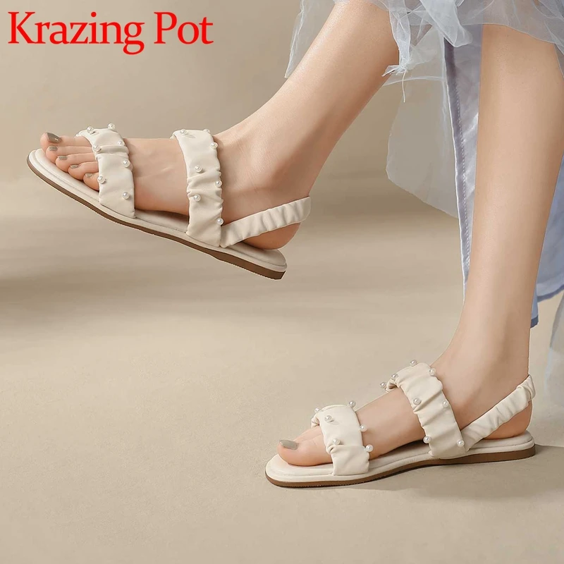 Krazing Pot New Microfiber Peep Toe Low Heel Pearl Decoration Pleated Young Lady Daily Wear Back Strap Concise Women Sandals L01
Krazing Pot New Microfiber Peep Toe Low Heel Pearl Decoration Pleated Young Lady Daily Wear Back Strap Concise Women Sandals L01