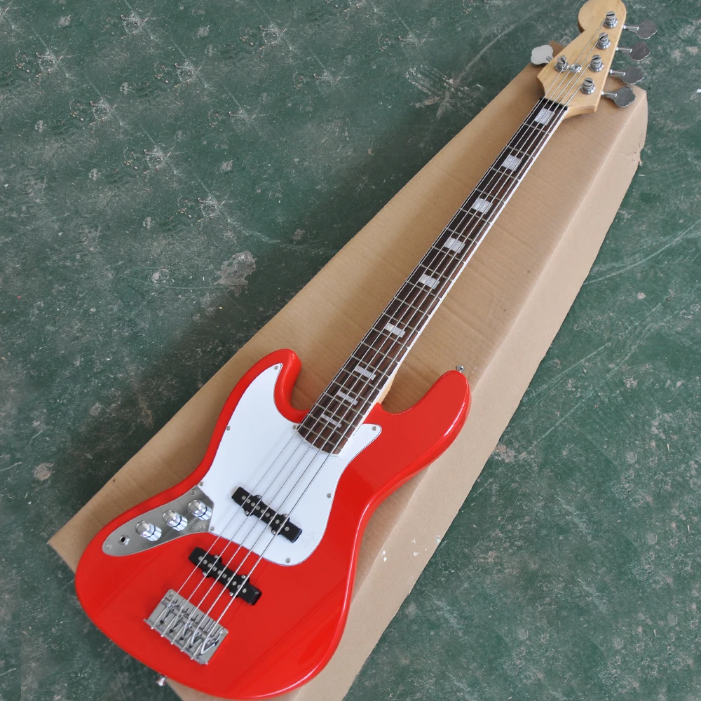 Left Hand 5 Strings Red Bass Guitar with White Pickguard Rosewood Fingerboard Customizable 
Left Hand 5 Strings Red Bass Guitar with White Pickguard Rosewood Fingerboard Customizable