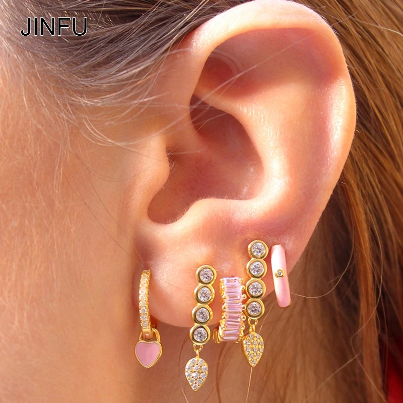 

JINFU Gold Plated Drop Hoop Earrings Set For Women CZ Zircon Color Dripping Oil Heart Dangle Earrings 2022 Jewelry Wholesale