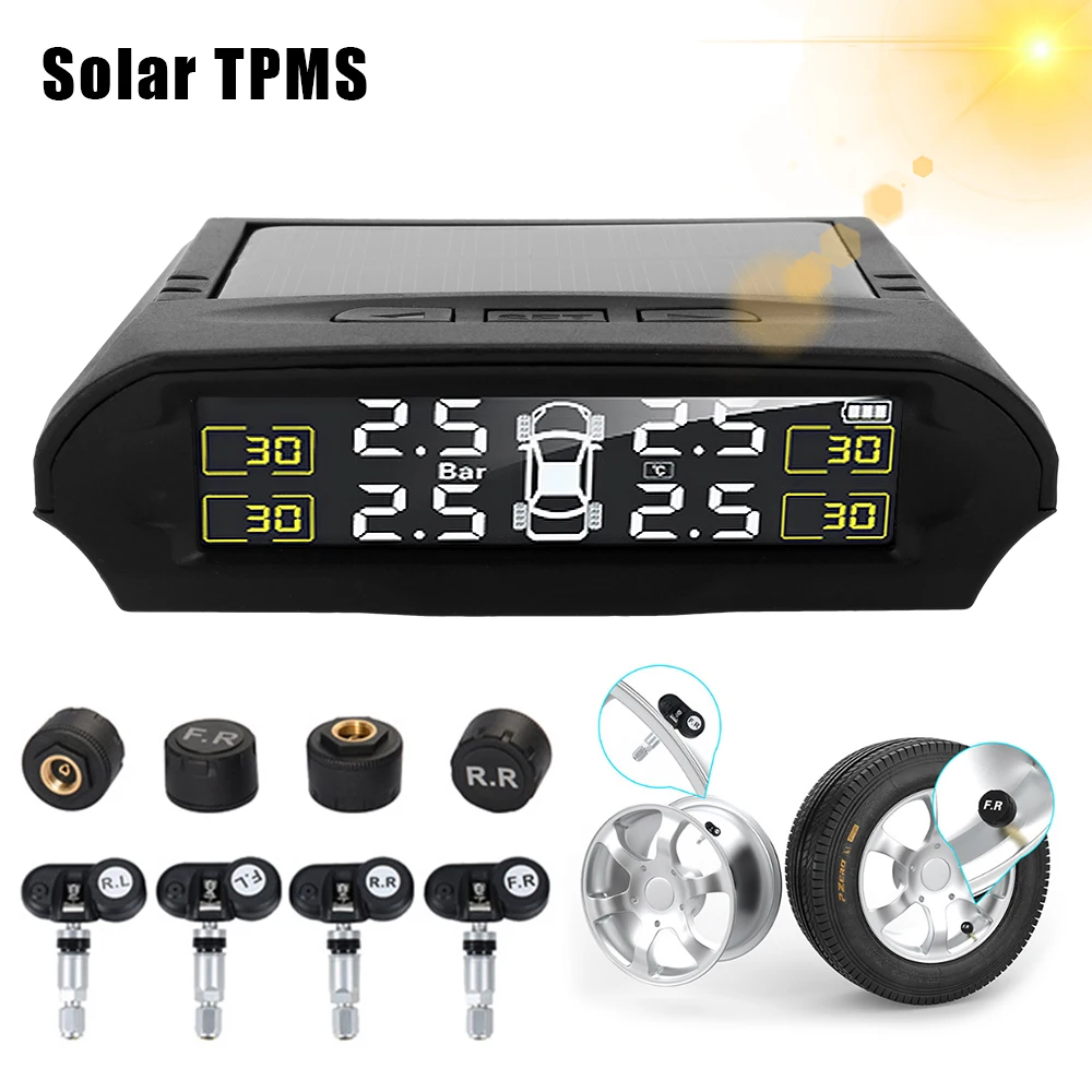 Car Tire Pressure Alarm Monitor Solar Power TPMS with 4 Tire Pressure Sensor LCD Display Digital USB Auto Security Alarm
Car Tire Pressure Alarm Monitor Solar Power TPMS with 4 Tire Pressure Sensor LCD Display Digital USB Auto Security Alarm