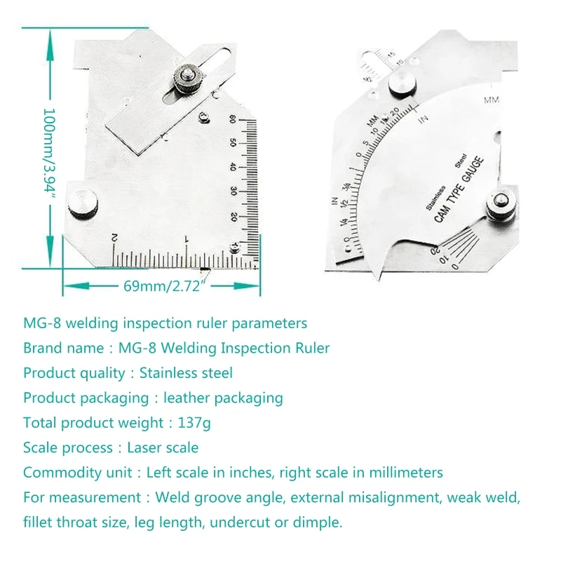 

Compact Inch & Metric Bridge Cam Gage Test Ulnar Welding Inspection Gauge Stainless Steel for Welded Surfaces & Joints