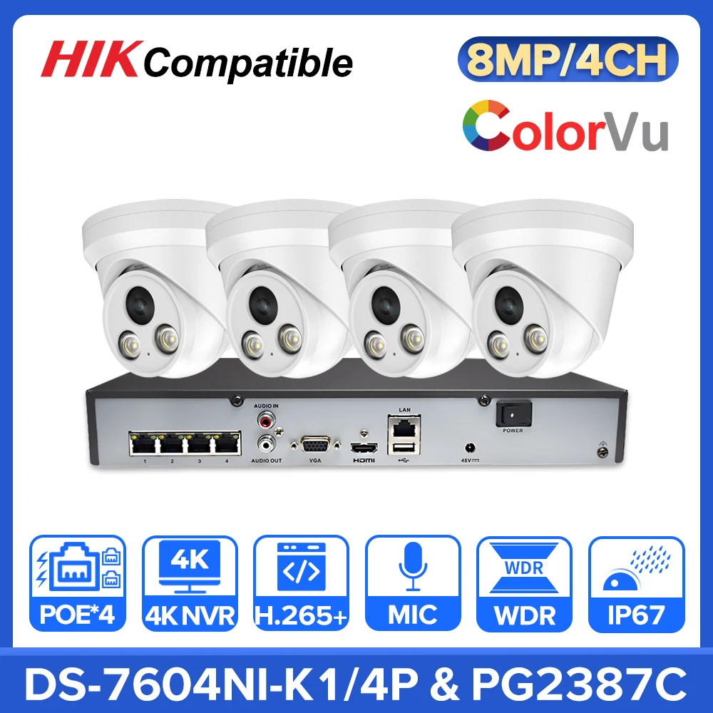 

Hikvision Compatible 4CH 8MP CCTV Camera Security Kit H.265+ 4 PoE 4K NVR DS-7604NI-K1/4P ColorVu IP Camera PG2387C Built in MIC