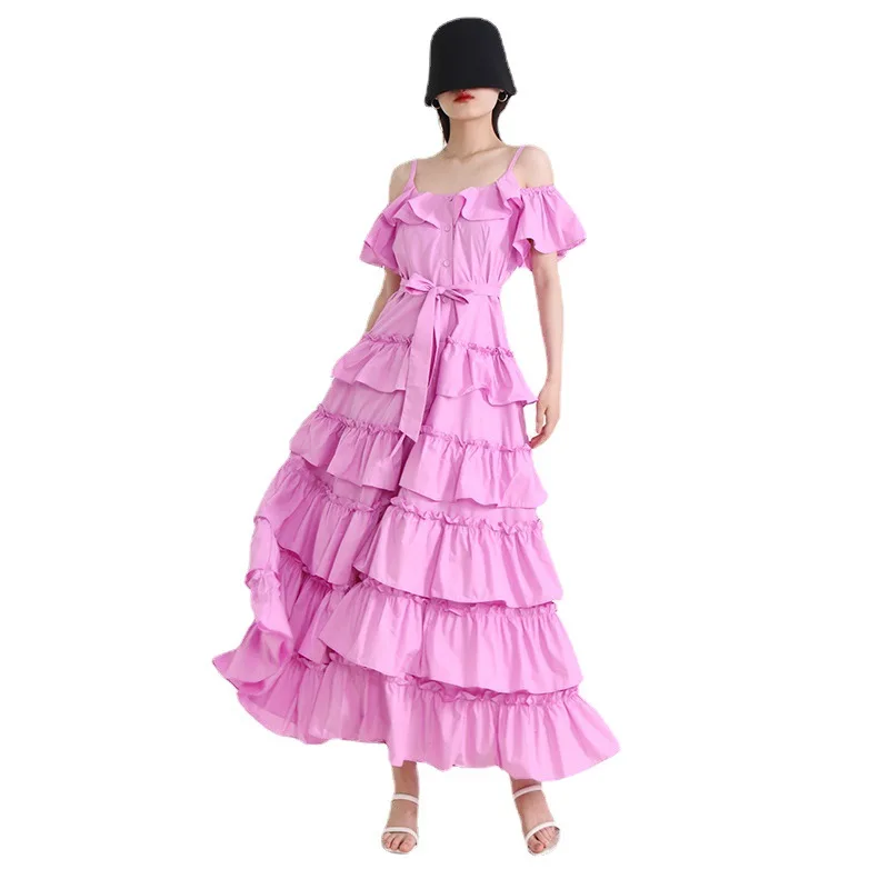 

French Vintage Court Style 2023 Summer Suspender Ruffled Cuffle Cuffle Belt Cinched Waist Long Cake Dress Dress Woman