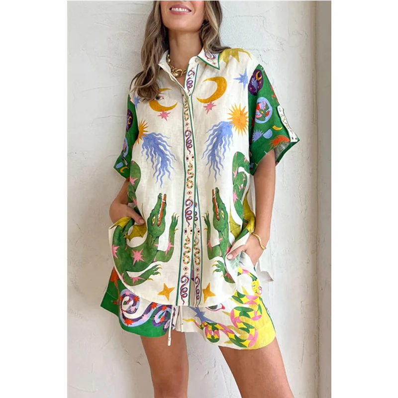 Casual Fashion Short Sleeve Shirt Top Wide Leg Shorts Pajamas Suit Outfits Pijamas Women Summer Two Piece Set Homewear
Casual Fashion Short Sleeve Shirt Top Wide Leg Shorts Pajamas Suit Outfits Pijamas Women Summer Two Piece Set Homewear