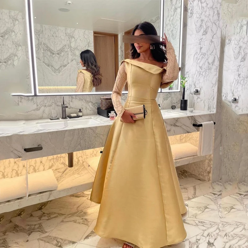 Yellow Prom Dresses Off the Shoulder Shiny Long Sleeves Ruched A-Line Satin Floor-Length Party Dress Formal Evening Gowns
Yellow Prom Dresses Off the Shoulder Shiny Long Sleeves Ruched A-Line Satin Floor-Length Party Dress Formal Evening Gowns