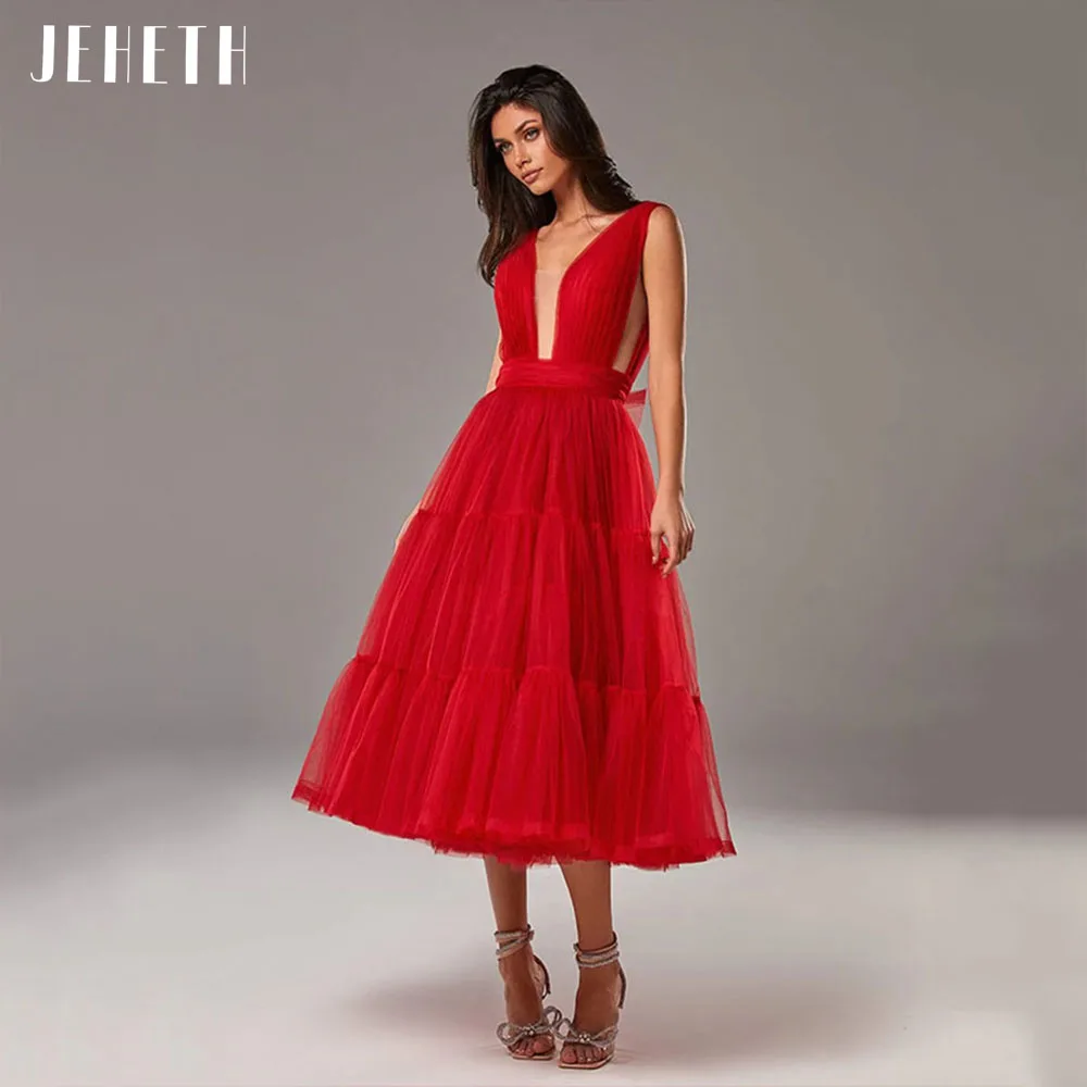 JEHETH Red Elegant Deep V-Neck Tulle Prom Dress Women Fluffy Backless Pleats A Line Evening Graduation Party Gown Tea Length
JEHETH Red Elegant Deep V-Neck Tulle Prom Dress Women Fluffy Backless Pleats A Line Evening Graduation Party Gown Tea Length