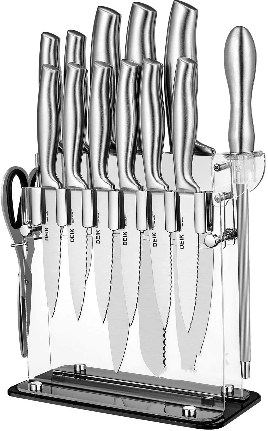 Knife Set High Carbon Stainless Steel Kitchen Knife Set 14 Pieces Super Sharp Cutlery Knife Set with Acrylic Stand - Silver
Knife Set High Carbon Stainless Steel Kitchen Knife Set 14 Pieces Super Sharp Cutlery Knife Set with Acrylic Stand - Silver