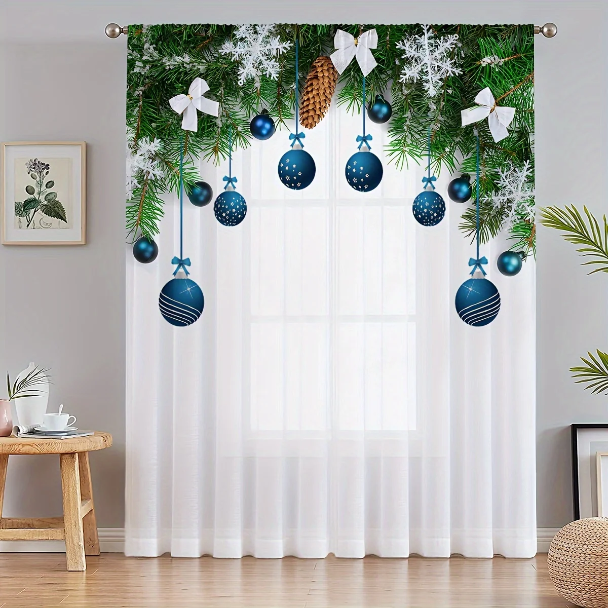 

2pcs Snowflake Pine Branch White Bow Curtain Sheer Curtain Christmas Holiday Decor For Living Room Bedroom Kitchen Home Decor