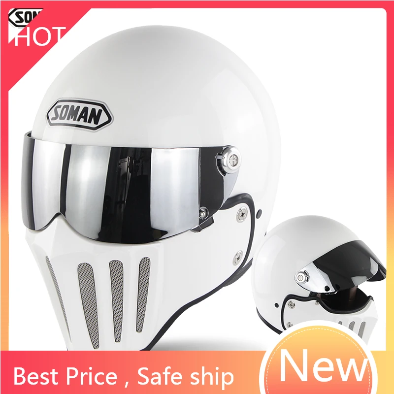 

Full Face Motorcycle Helmet Retro Fiberglass Men Bobber Chopper Helmet White DOT ECE Leather Lining Visor Casco Moto helmet