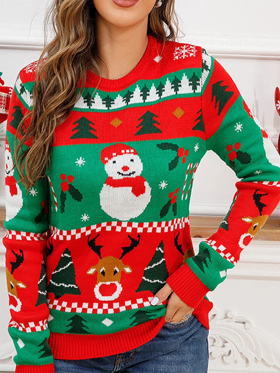 

Женский свитер в стиле ретро, жаккардовые пуловеры контрастных цветов с рисунком снеговика, оленя и длинным рукавом, джемперы с круглым вырезом