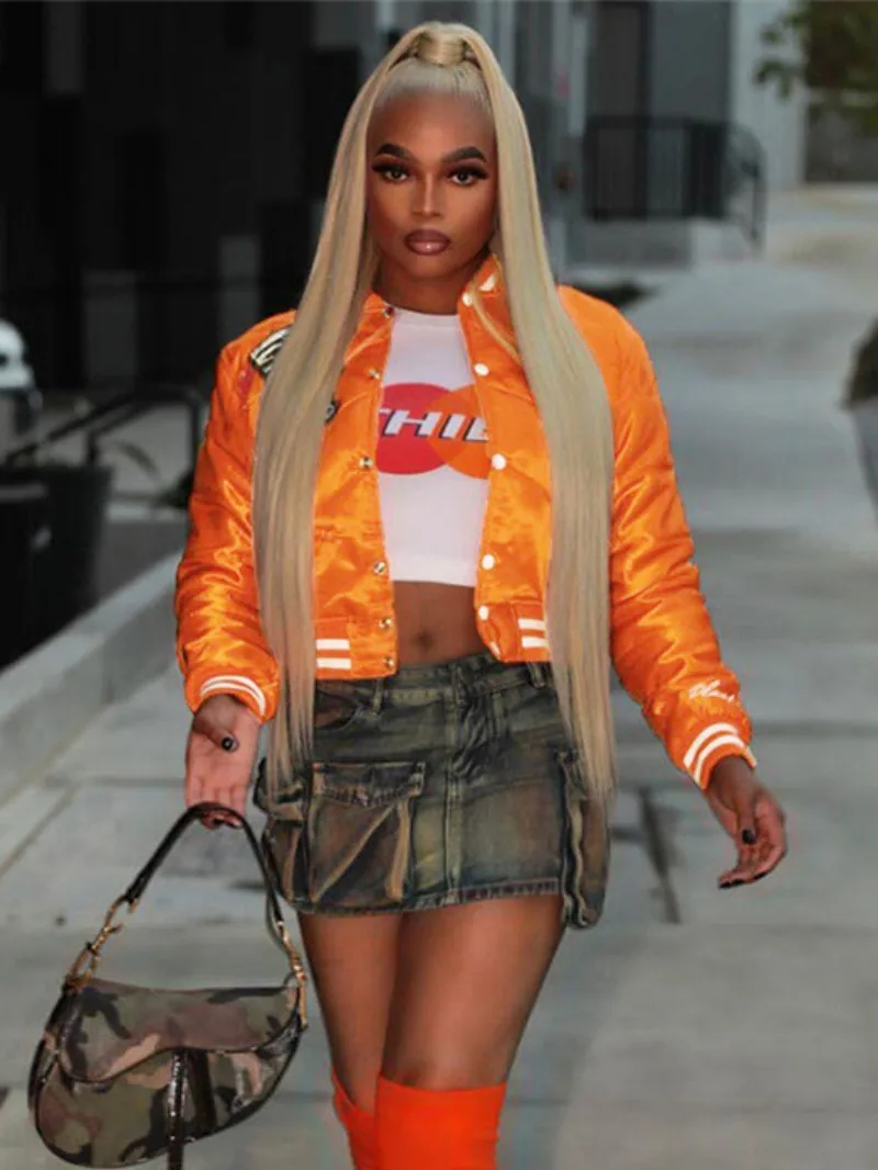 Women's Letters Flowers Embroidery Bomber Jacket 2023 Fall Stand Collar Striped Single Breasted Short Coats Orange Outerwear Y2K
Women's Letters Flowers Embroidery Bomber Jacket 2023 Fall Stand Collar Striped Single Breasted Short Coats Orange Outerwear Y2K