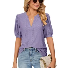 Solid Elegant V-Neck Loose Blouses For Women Fashion 2023 Summer Womens Puff Sleeve Shirts And Blouse Female Hollow Out Top