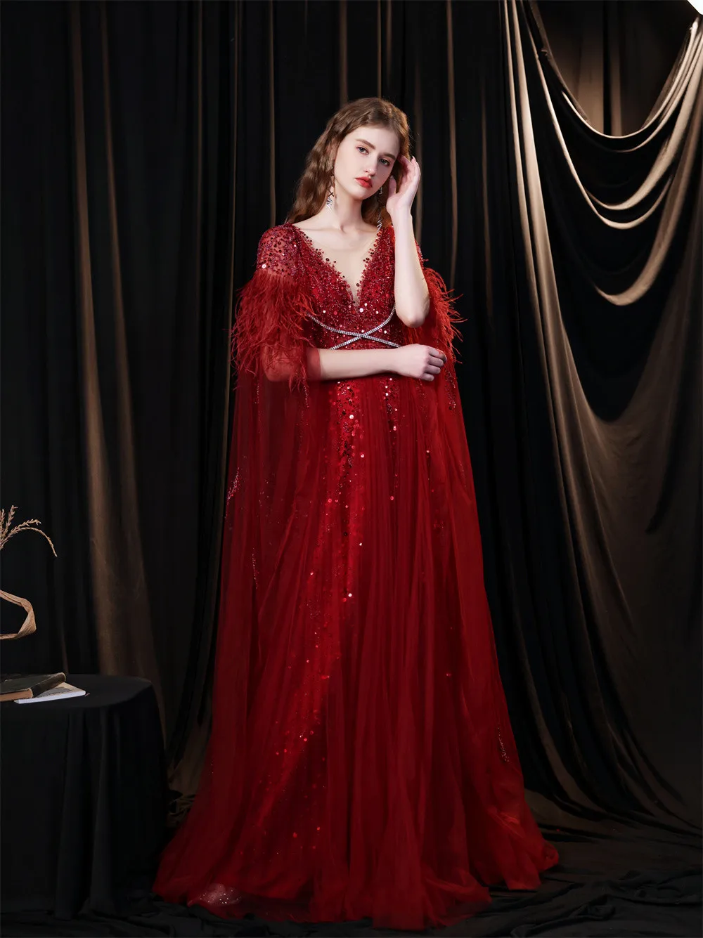 Evening Luxurious Elegant Simple Red Prom Dresses V Neck Ball Gowns Cap Sleeve Satin Backless Reflective Beaded Feather Sequins
Evening Luxurious Elegant Simple Red Prom Dresses V Neck Ball Gowns Cap Sleeve Satin Backless Reflective Beaded Feather Sequins