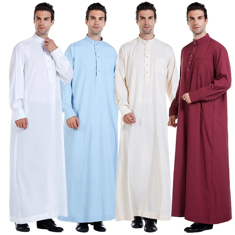

Middle East Muslim Men Clothing Solid Color Long Sleeve Stand Collar Thobes for Men Buttons Noble Jubba Men for Saudi Arabia
