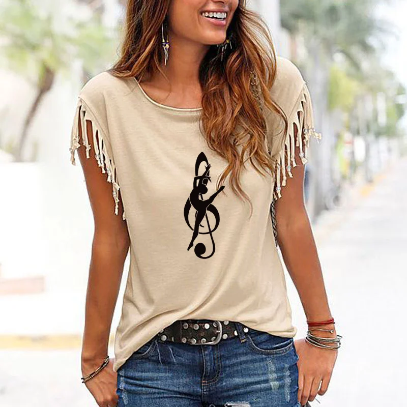 Summer new elegant notes dance body print solid color Casual Short Sleeve tassel knot T-shirt women's top
Summer new elegant notes dance body print solid color Casual Short Sleeve tassel knot T-shirt women's top
