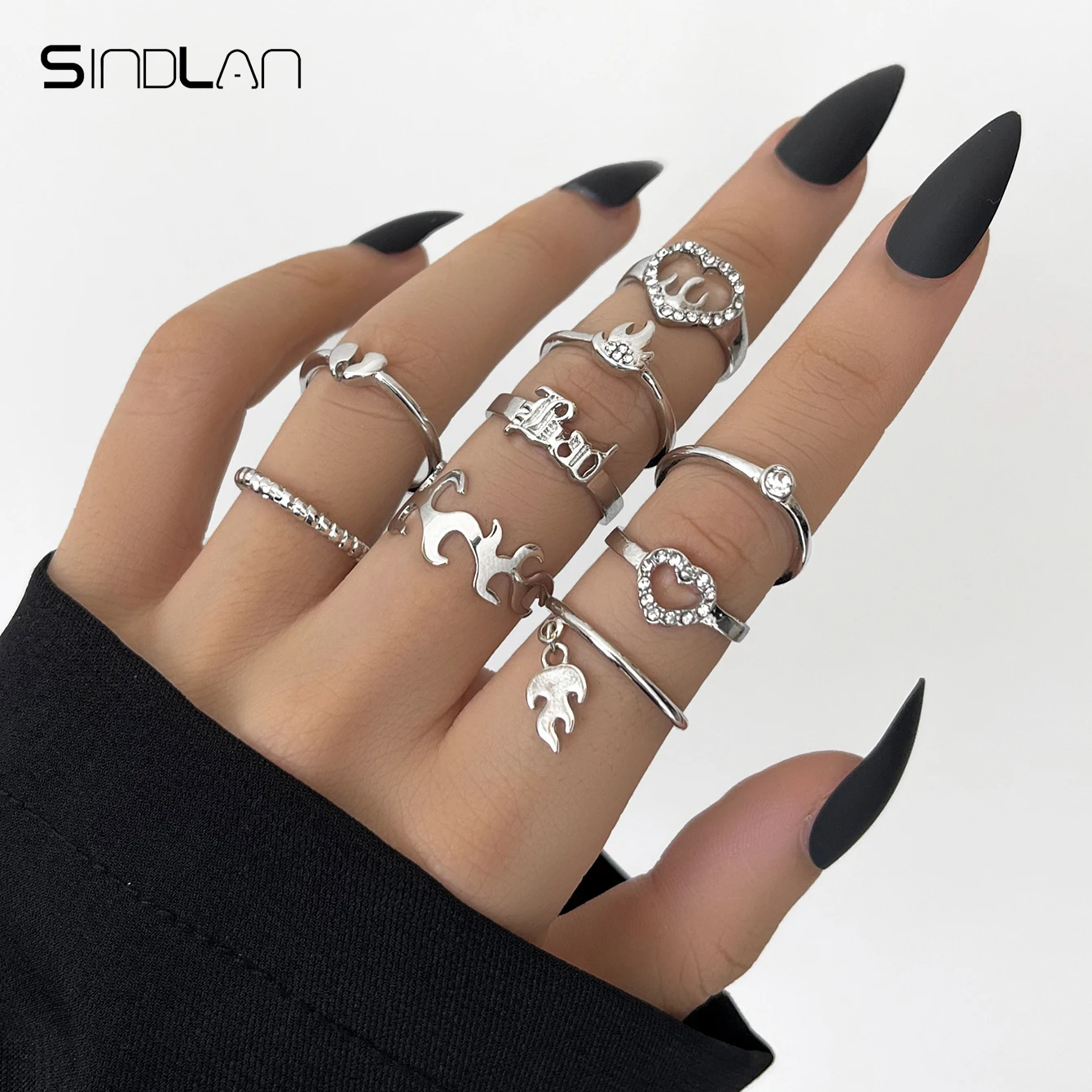Sindlan 9Pcs Punk Flame Crystal Silver Color Rings for Women Kpop Heart Pendant Letter Couple Emo Fashion Jewelry Anillos Mujer
Sindlan 9Pcs Punk Flame Crystal Silver Color Rings for Women Kpop Heart Pendant Letter Couple Emo Fashion Jewelry Anillos Mujer