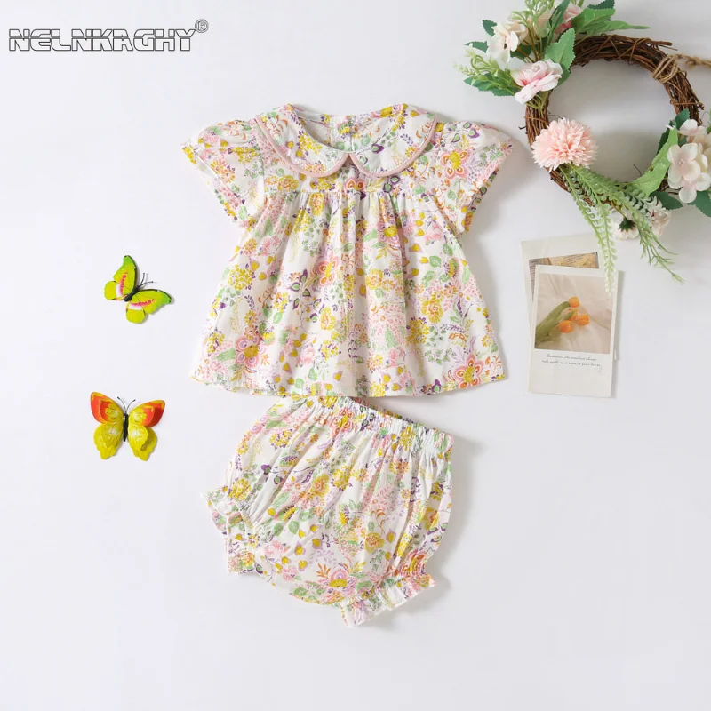 

Summer Kids Baby Girls Short Sleeve Peter Pan Collar Floral Print Top Shirts+ruched Shorts Infant Children Clothing Set 2pcs 아동복