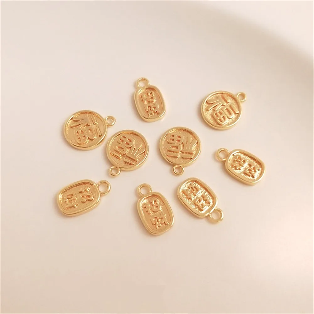 

14K Gold Filled Plated Round brand "fu" pendant oval fortune small pendant DIY ornaments hanging accessories