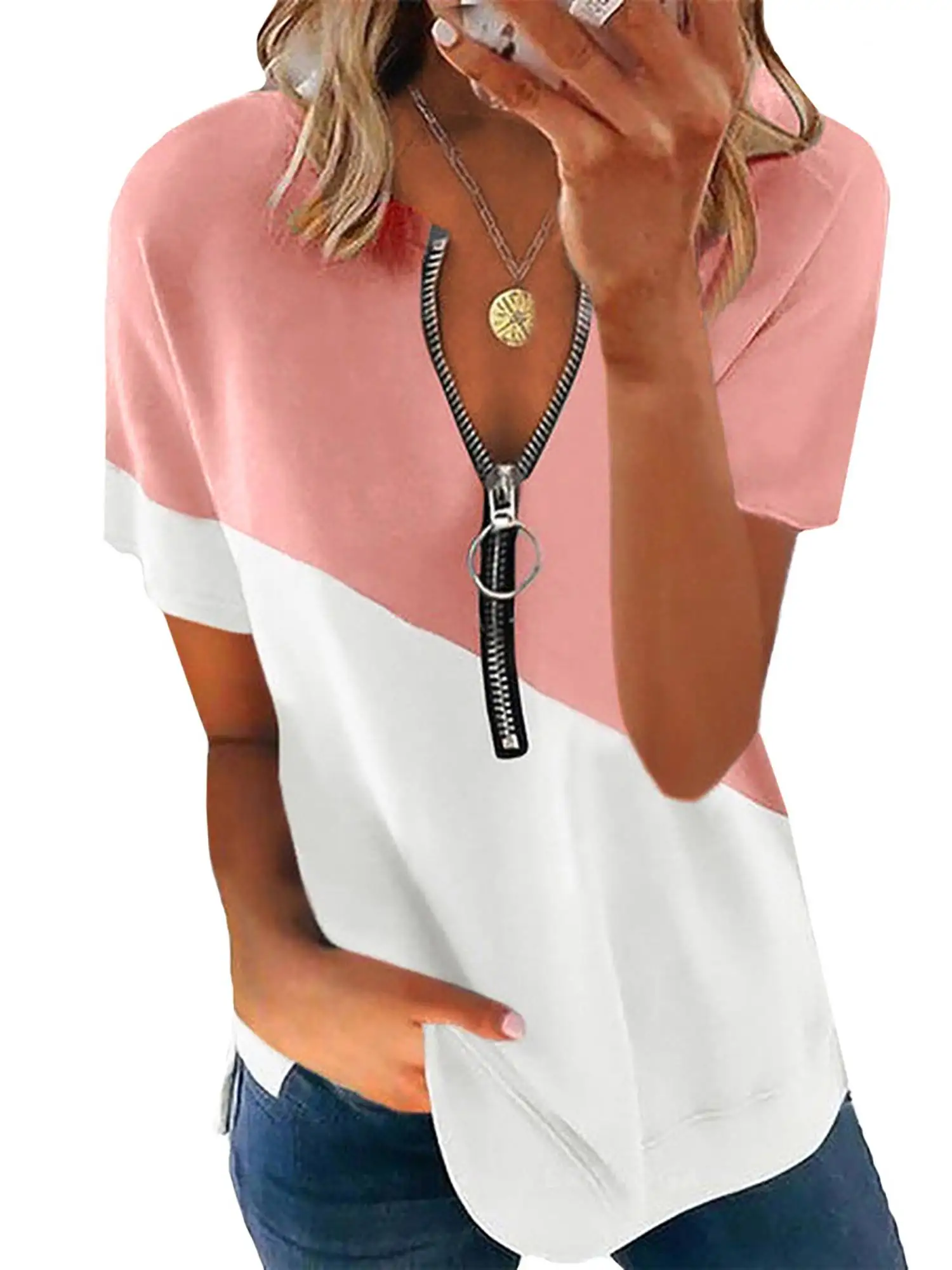 Two Tone Women's Casual T Shirt Deep V Neck Zipper Loose Short Sleeve Top Summer Fashion Sexy Women Clothing Tops De Mujer
Two Tone Women's Casual T Shirt Deep V Neck Zipper Loose Short Sleeve Top Summer Fashion Sexy Women Clothing Tops De Mujer