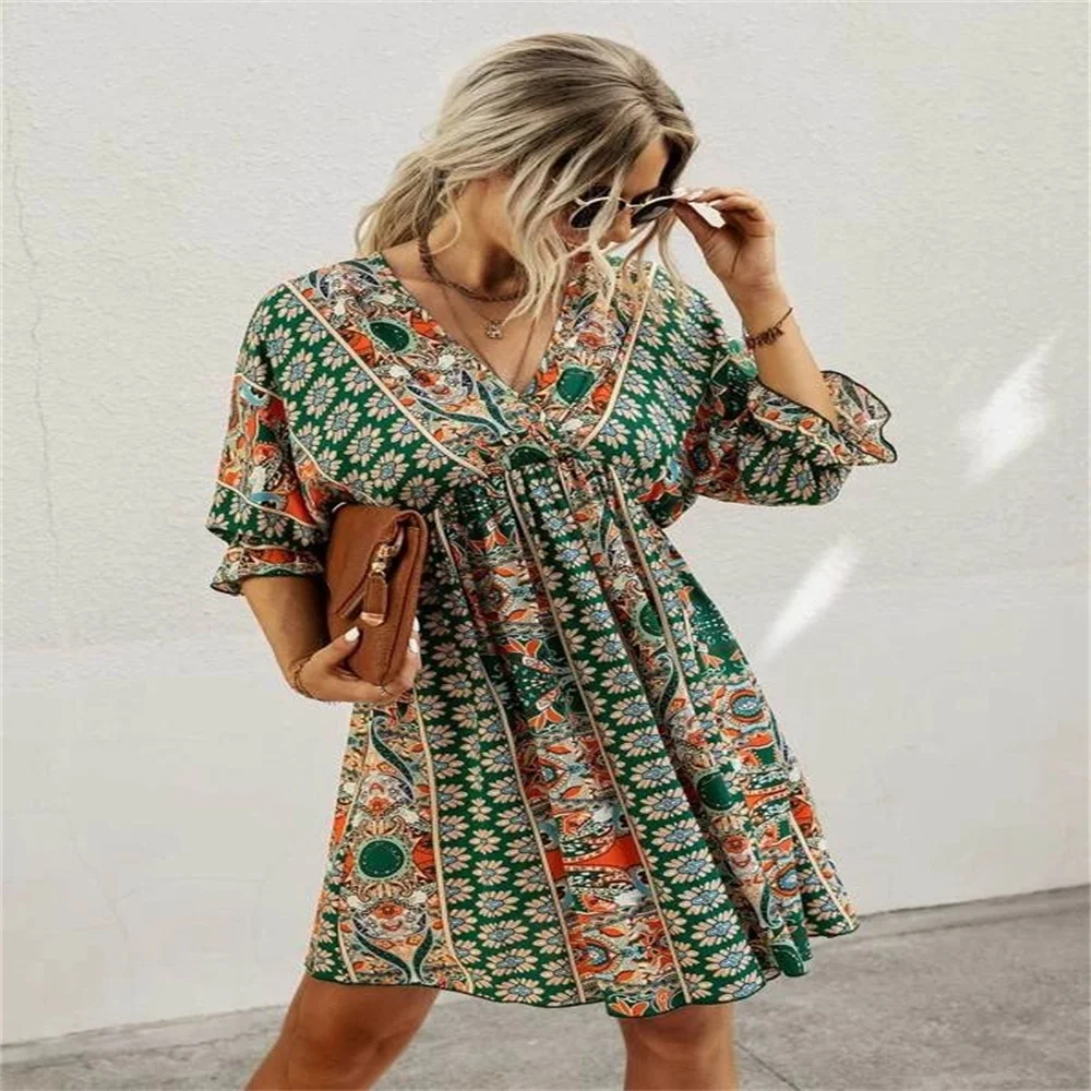 Bohemian Beach Sundress for Women Elegant V-neck Short Sleeve Loose Casual Party Dresses Summer Vintage Print Mini Dress Vestido
Bohemian Beach Sundress for Women Elegant V-neck Short Sleeve Loose Casual Party Dresses Summer Vintage Print Mini Dress Vestido