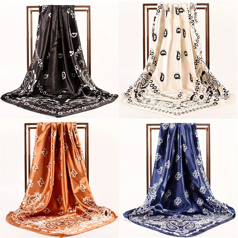 

90x90cm Hijab Paisley Print Hair Head Scarves Bandana Satin Cashew Flower Big Square Silk Scarves Scarf Foulard Neckerchief