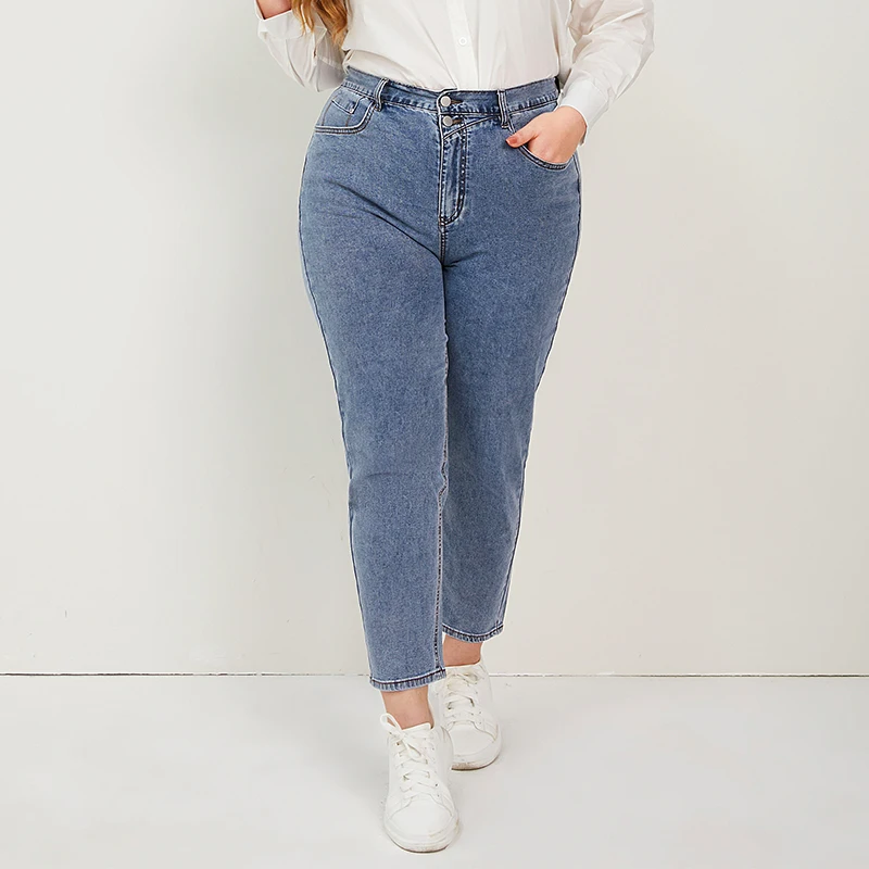 

Plus Size Harem Women Jeans Buttom Fly Lady Denim Pants High Waist Loose Full Length White Jeans for Women Curve Black Pants