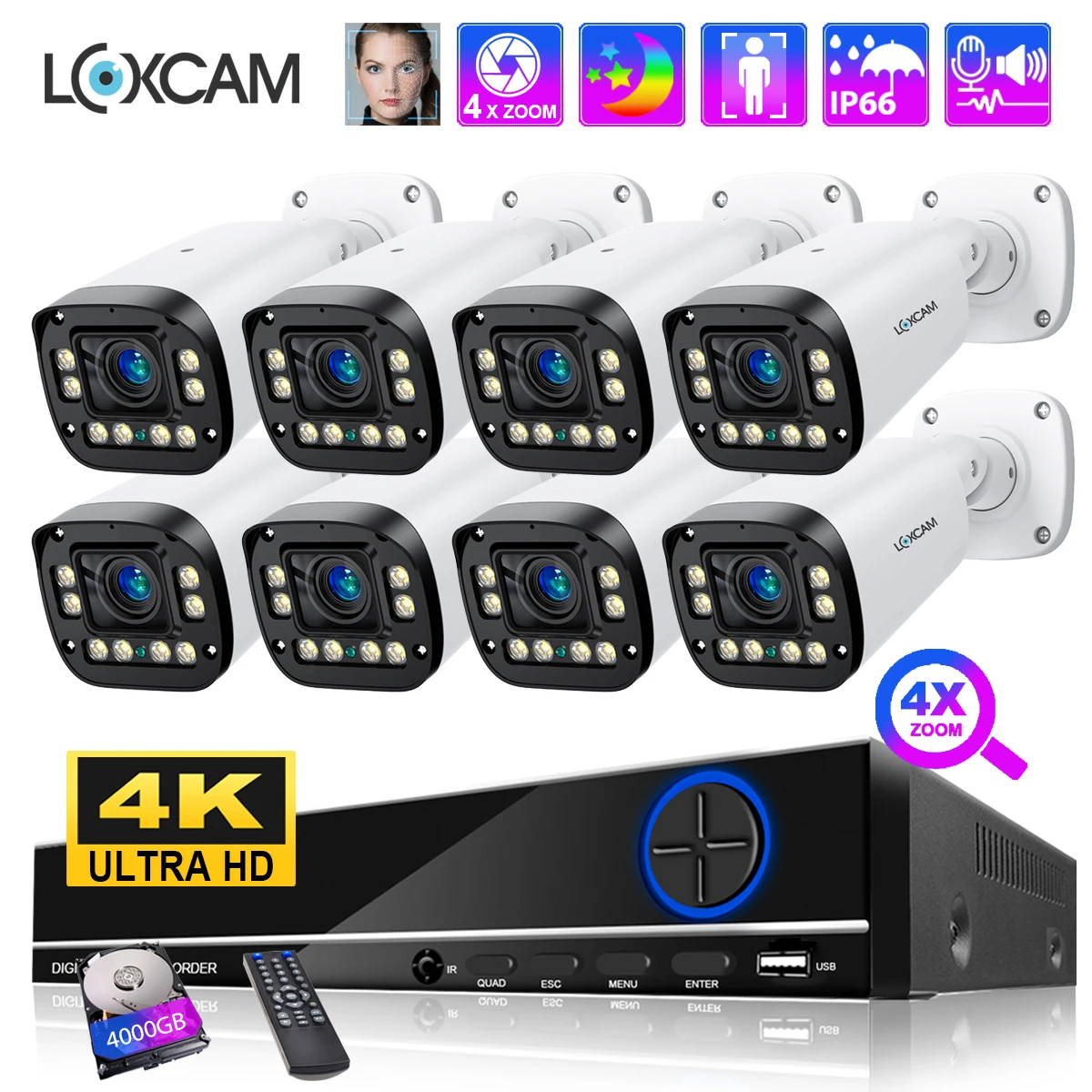 4K 2K POE Security System 8MP Outdoor 2.8-12mm 4X Optical Zoom Video Surveillance NVR Two Way Audio Ai Face Detect Camera Kit
4K 2K POE Security System 8MP Outdoor 2.8-12mm 4X Optical Zoom Video Surveillance NVR Two Way Audio Ai Face Detect Camera Kit
