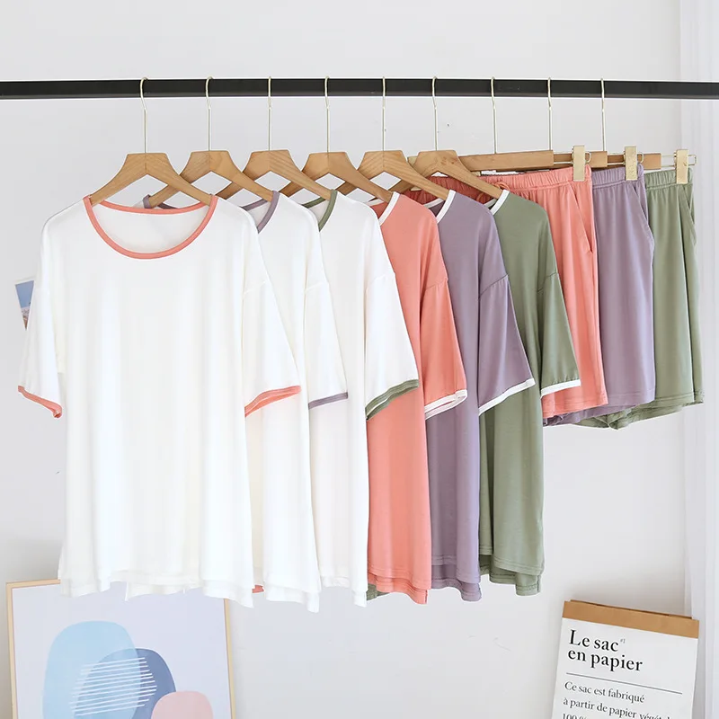 Contrasting Colors Modal HomeWear Women Summer Pullover Great Elasticity Thin Short Sleeve Shorts Loose Wear Out Bottoming Suit
Contrasting Colors Modal HomeWear Women Summer Pullover Great Elasticity Thin Short Sleeve Shorts Loose Wear Out Bottoming Suit