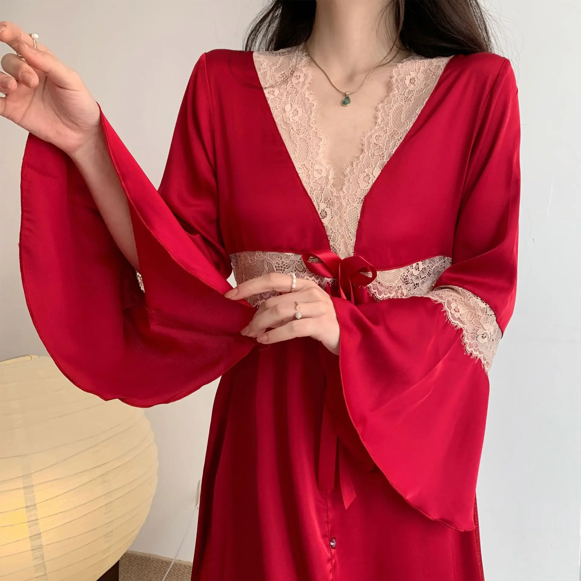Nightgown Women Flare Sleeve Nightdress Sexy Lace Hollow Out Nightwear Palace Style Sleepwear Elegant V-Neck Home Dressing Gown
Nightgown Women Flare Sleeve Nightdress Sexy Lace Hollow Out Nightwear Palace Style Sleepwear Elegant V-Neck Home Dressing Gown