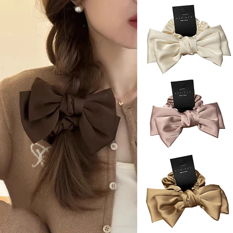 

Two-layers Bows Knotted Hair Rope Large Intestine Hair Ring Silky Elastic Hair Bands Hair Accessories Ponytail Hair Solid Color