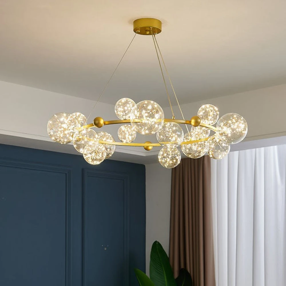 

Star Magic Bean Luminous Glass LED Chandelier Golden Round Long Strip Starlight Pendant Lamp for Dinning Room Romantic Decor