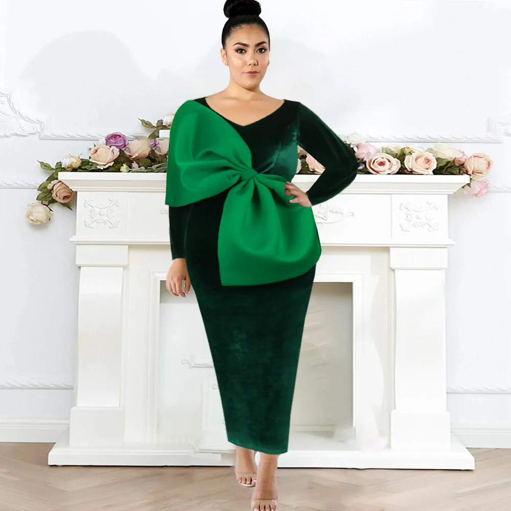 Женское бархатное платье с длинным рукавом, зеленое элегантное вечернее платье с бантом и V-образным вырезом для весны 2022 
Женское бархатное платье с длинным рукавом, зеленое элегантное вечернее платье с бантом и V-образным вырезом для весны 2022